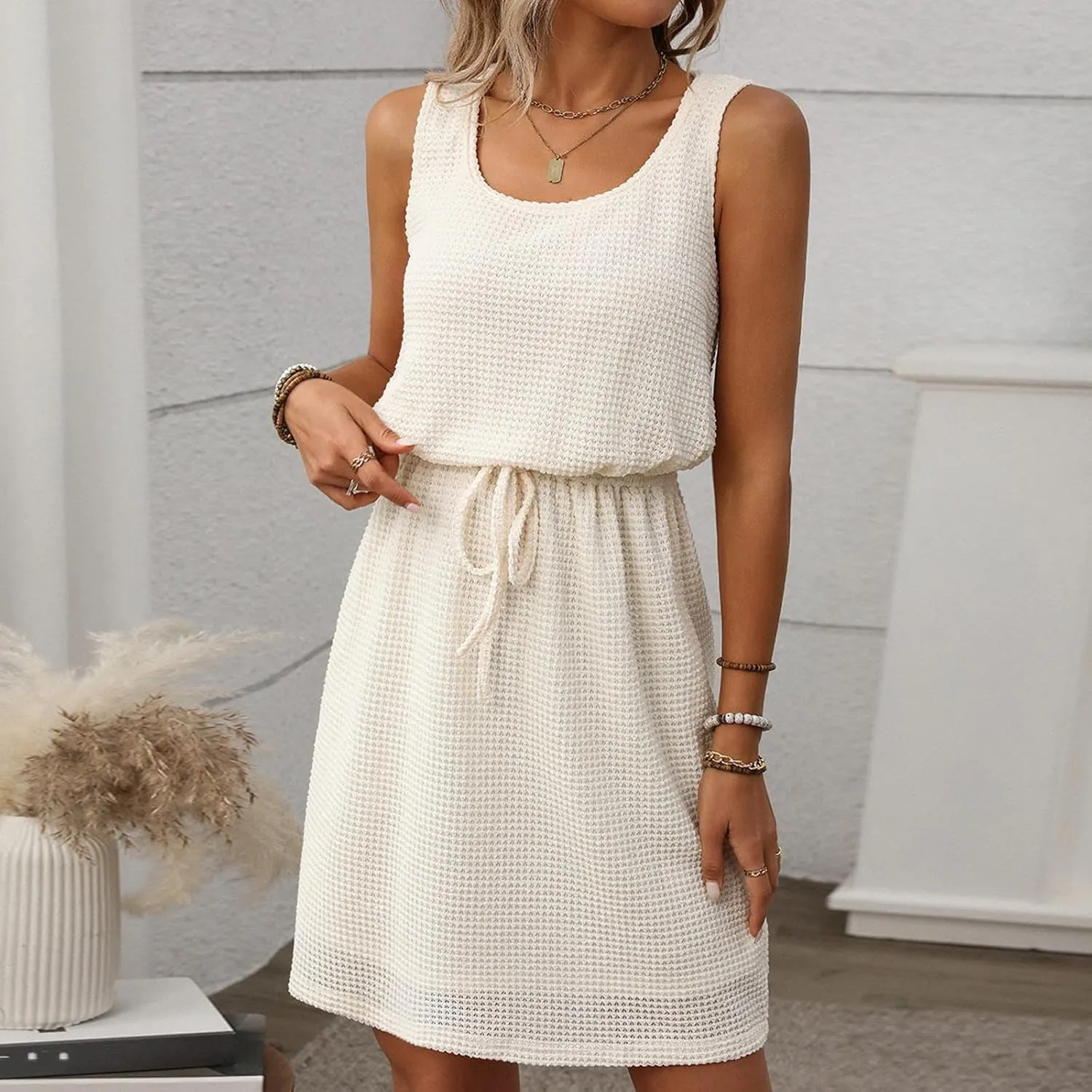 JOAU Women Summer Sleeveless Tank Dress Scoop Neck Elastic Drawstring Waist Knee Length Dresses A-Line Casual Beach Sundress