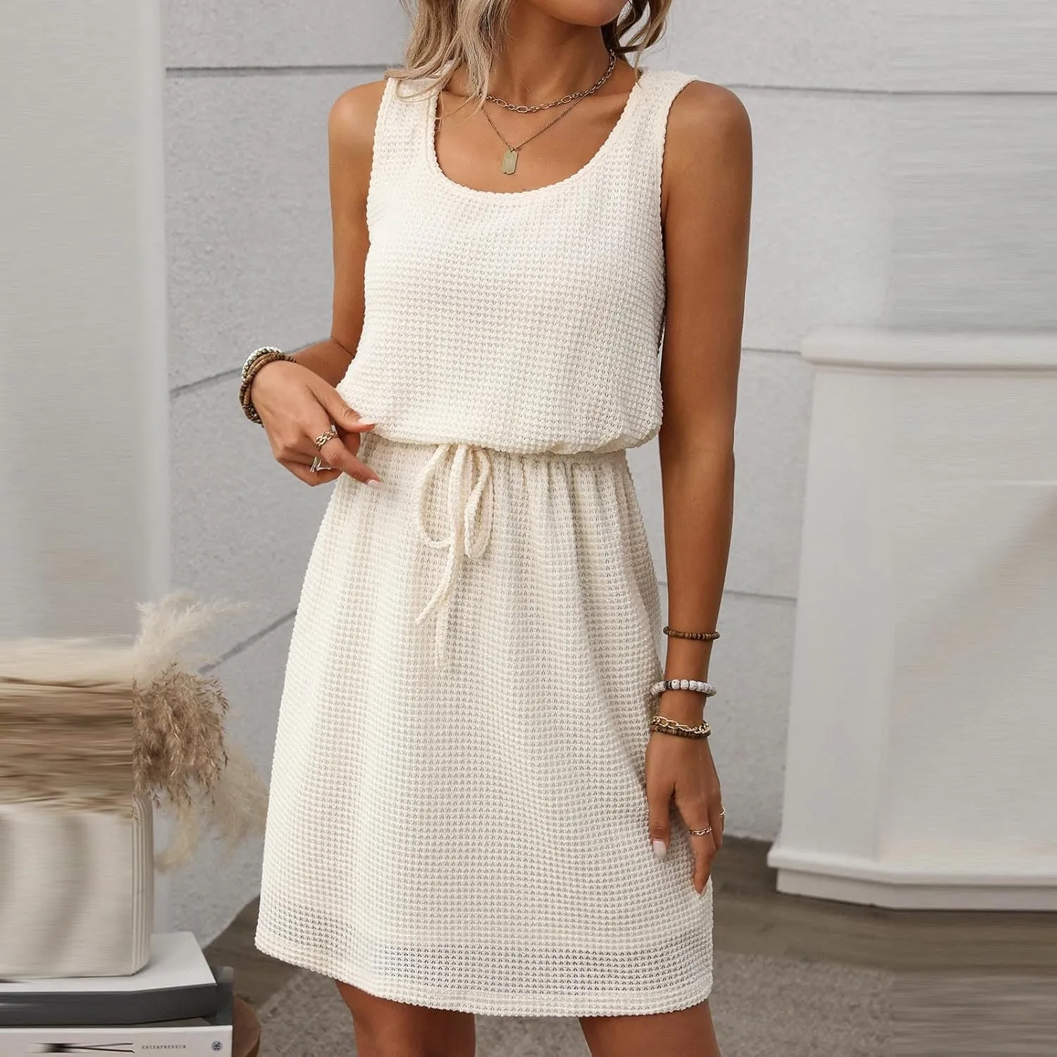 JOAU Women Summer Sleeveless Tank Dress Scoop Neck Elastic Drawstring Waist Knee Length Dresses A-Line Casual Beach Sundress