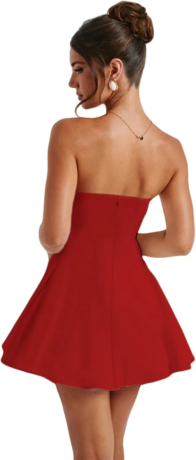 JUMISEE Women's Elegant Bow Strapless Homecoming Dress A Line Swing Tube Mini Dress Short Evening Party Prom Dress