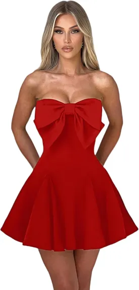 JUMISEE Women's Elegant Bow Strapless Homecoming Dress A Line Swing Tube Mini Dress Short Evening Party Prom Dress