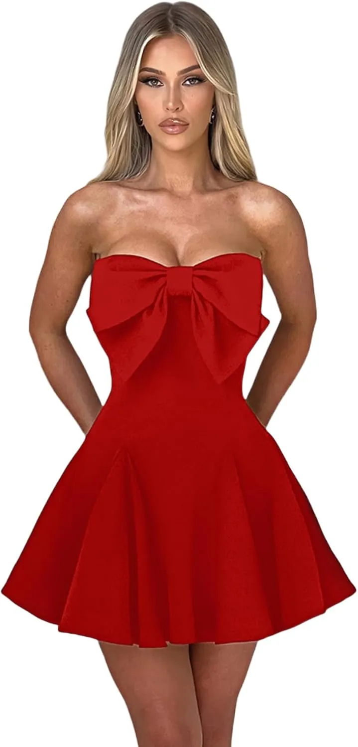 JUMISEE Women's Elegant Bow Strapless Homecoming Dress A Line Swing Tube Mini Dress Short Evening Party Prom Dress