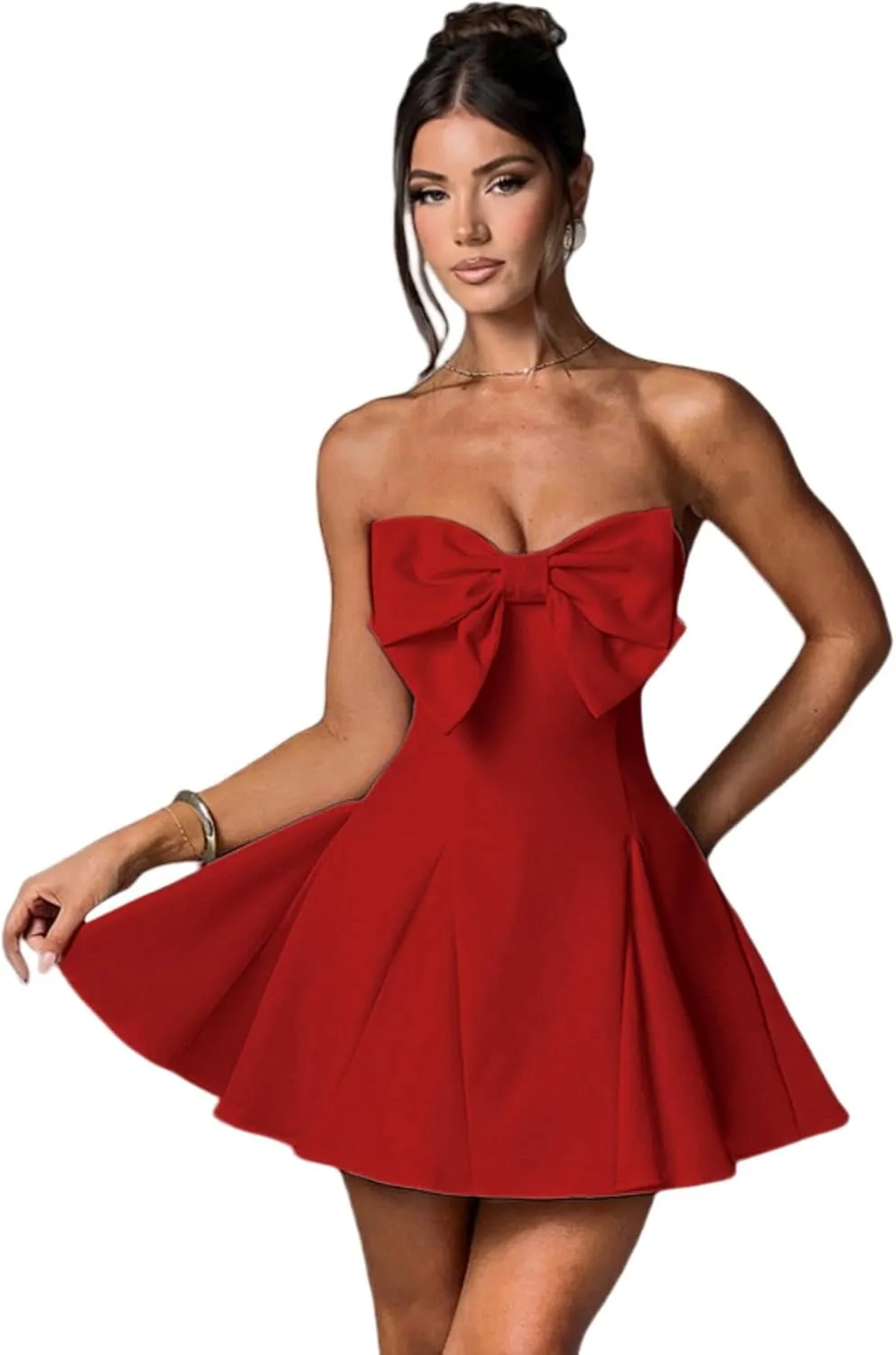 JUMISEE Women's Elegant Bow Strapless Homecoming Dress A Line Swing Tube Mini Dress Short Evening Party Prom Dress