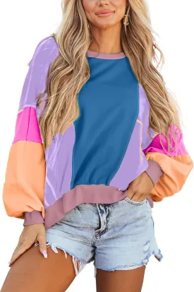 KevaMolly Womens Long Sleeve Tops Colorblock Patchwork Exposed Stitching Oversize Top Round Neck Casual Pullover