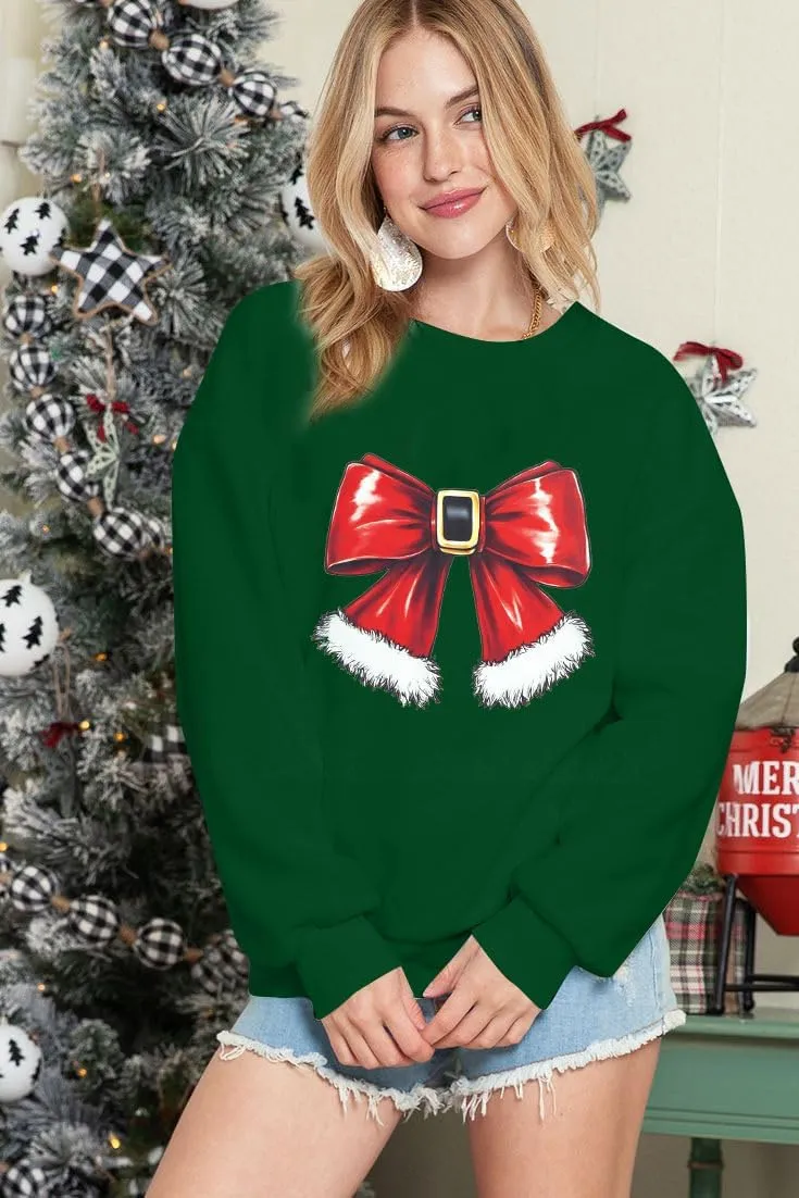KNEYATTA Christmas Sweatshirt Women Christmas Bow Sweater Cute Graphic Crewneck Xmas Shirt Holiday Pullover Tops
