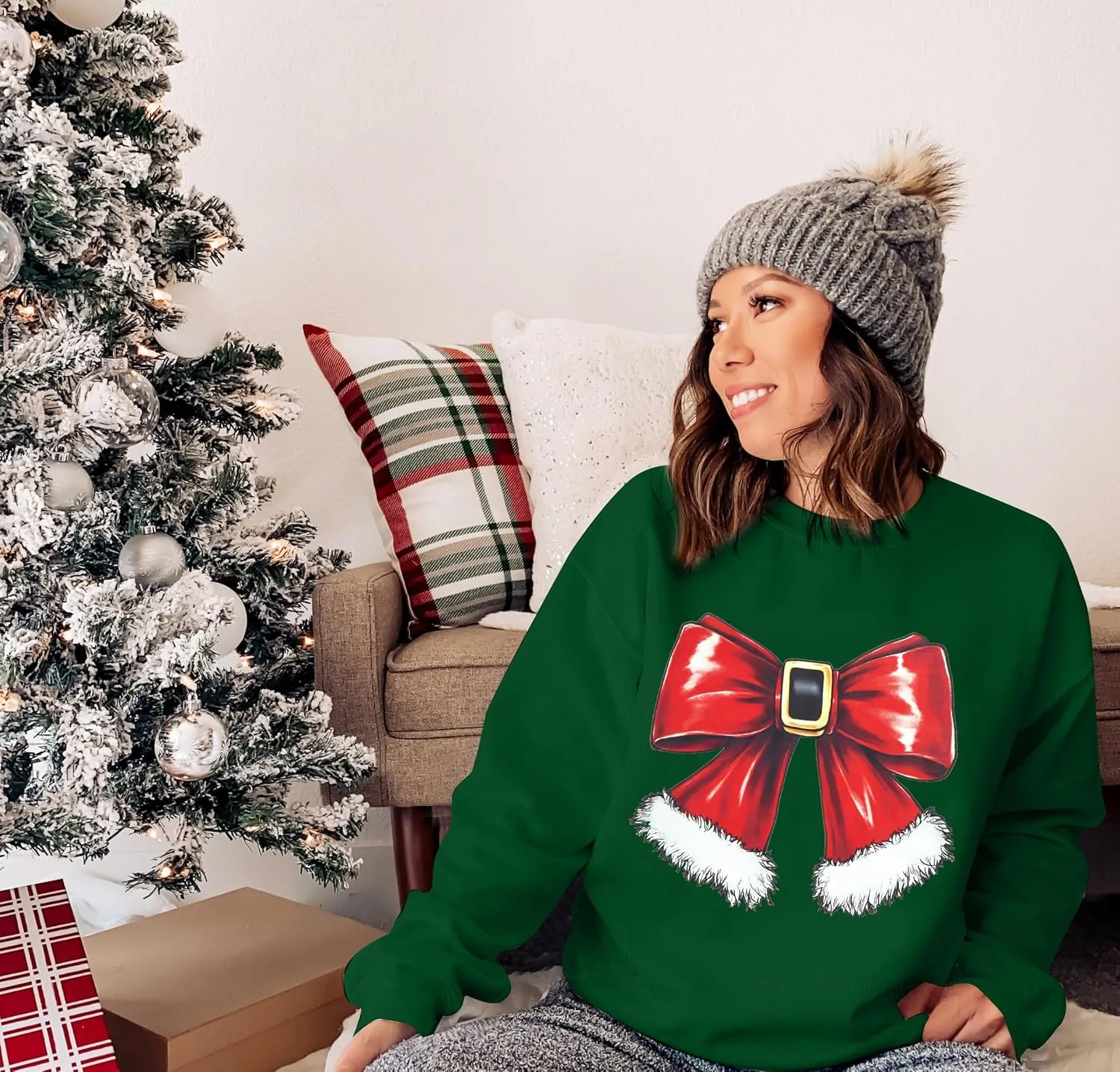 KNEYATTA Christmas Sweatshirt Women Christmas Bow Sweater Cute Graphic Crewneck Xmas Shirt Holiday Pullover Tops