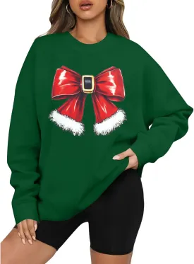 KNEYATTA Christmas Sweatshirt Women Christmas Bow Sweater Cute Graphic Crewneck Xmas Shirt Holiday Pullover Tops
