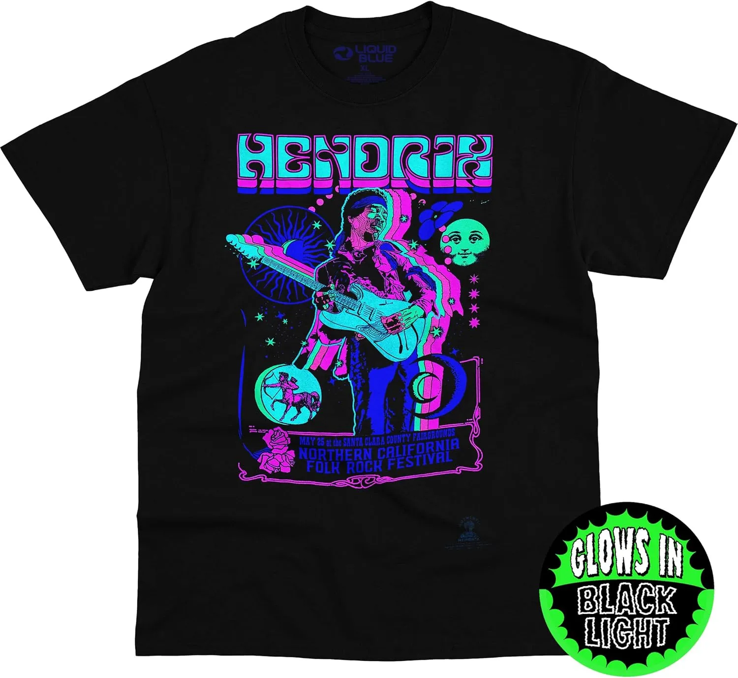Liquid Blue Unisex-Adult Standard Jimi Hendrix Guitar Blacklight T-Shirt