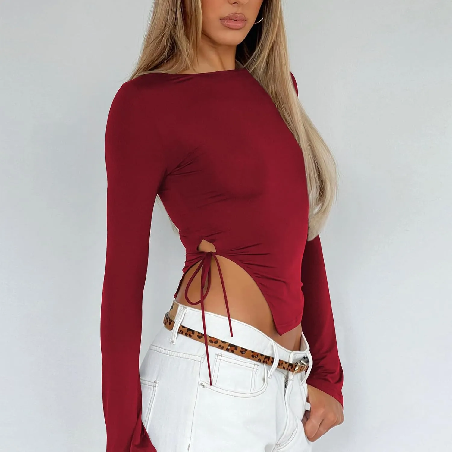 Long Sleeve Crop Tops for Women Ruched Drawstring Side Y2K Slim Fit Asymmetrical Hem Tee Shirts