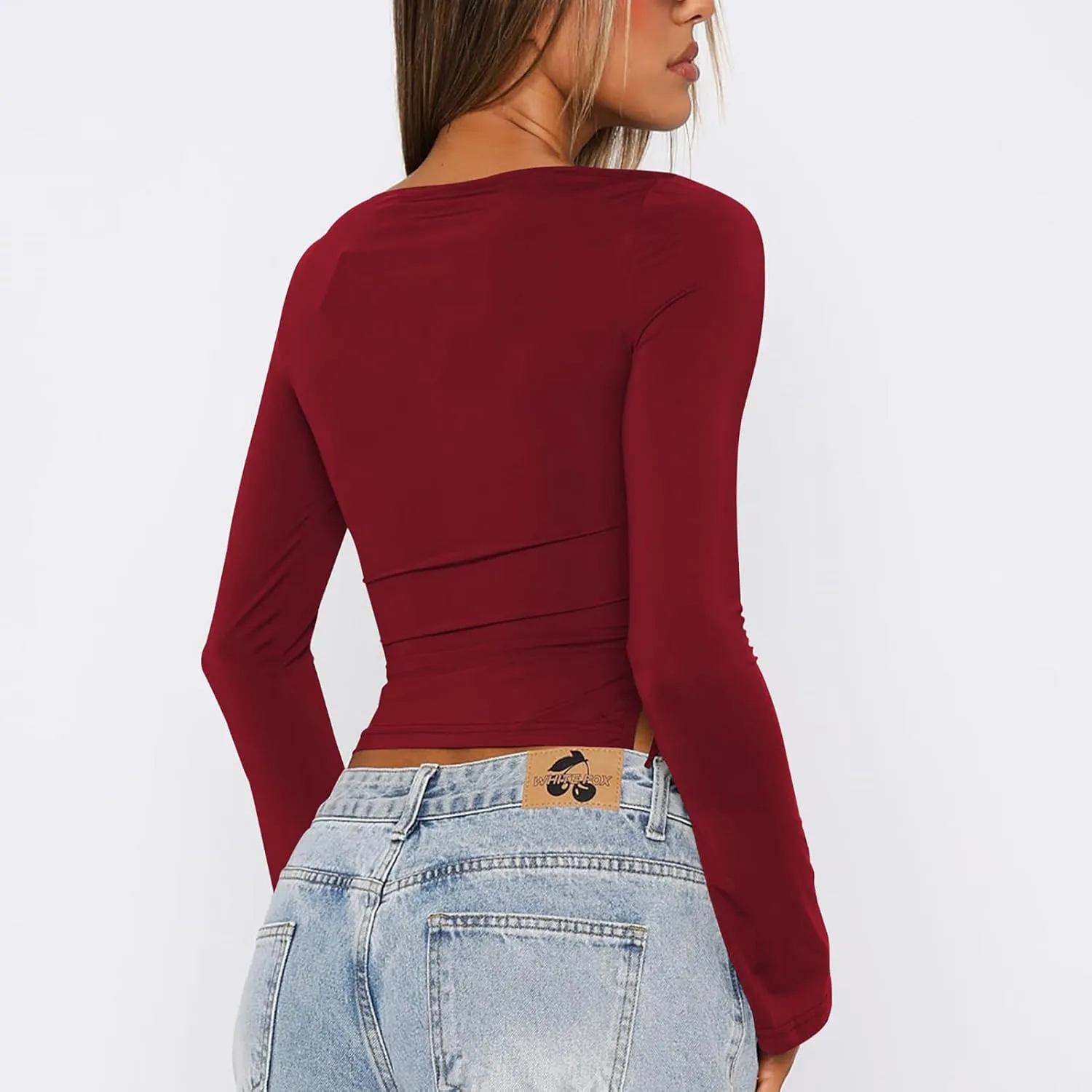 Long Sleeve Crop Tops for Women Ruched Drawstring Side Y2K Slim Fit Asymmetrical Hem Tee Shirts
