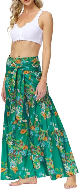 Lrady Women Wide Leg Palazzo Lounge Pants Printed Beach Summer Boho Tie-Waist Bell Bottoms Trousers