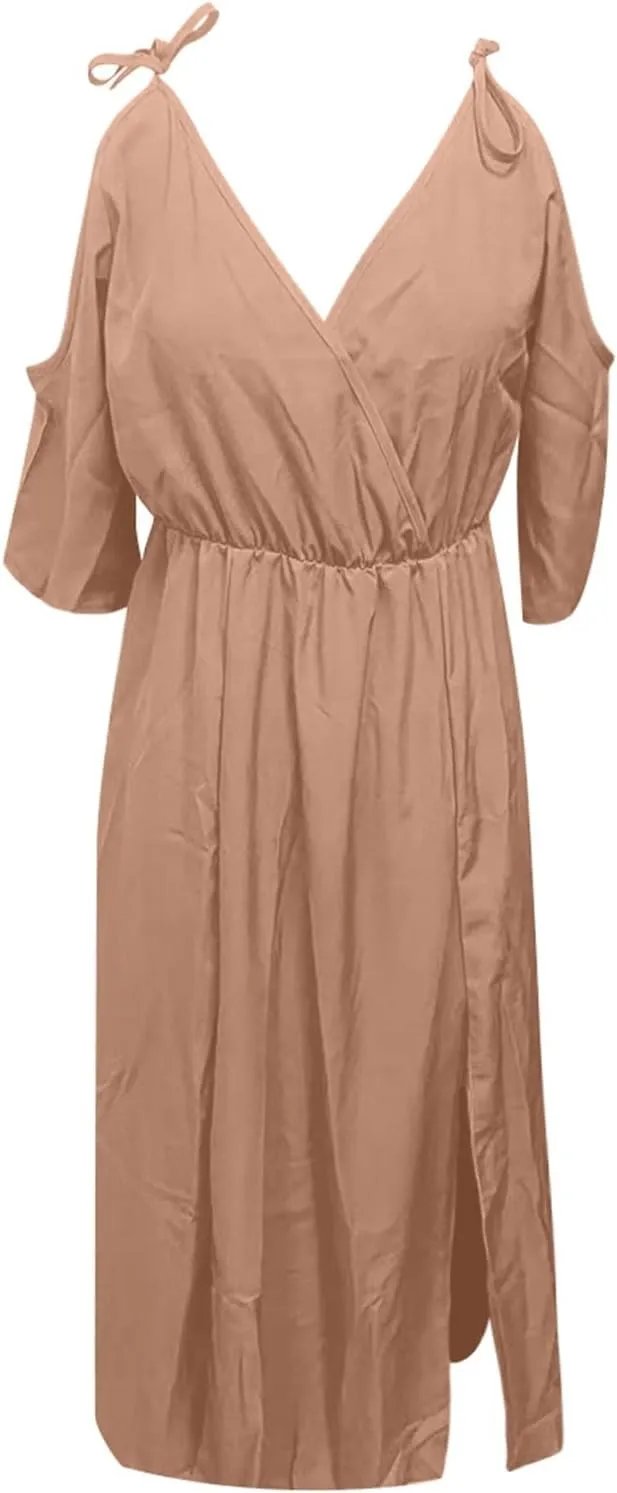 Maxi Dresses for Seniors Cold Shoulder Short Sleeve Slit Long Dresses Sexy V Neck Flowy Wedding Guests Vacation Dresses
