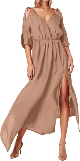Maxi Dresses for Seniors Cold Shoulder Short Sleeve Slit Long Dresses Sexy V Neck Flowy Wedding Guests Vacation Dresses