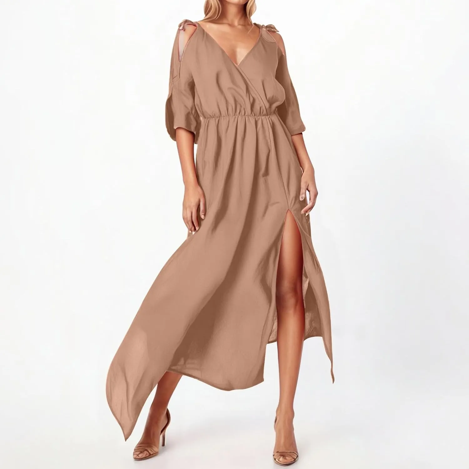 Maxi Dresses for Seniors Cold Shoulder Short Sleeve Slit Long Dresses Sexy V Neck Flowy Wedding Guests Vacation Dresses