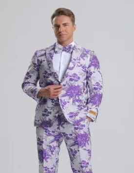 Men's Purple, White & Silver Floral Paisley Prom Tuxedo Lavender Prom Tuxedos Floral Prom Tuxedos