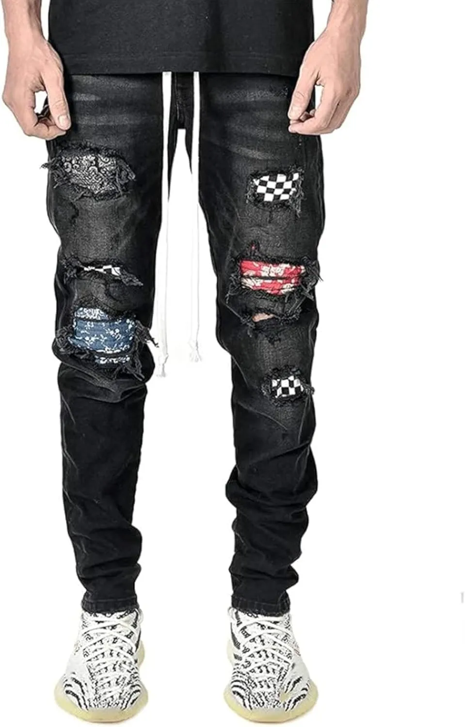 Men's Ripped Jeans Black Skinny Distressed Moto Biker Jeans Gothic Zipper Denim Pants Tapered Leg Slim Fit Jean