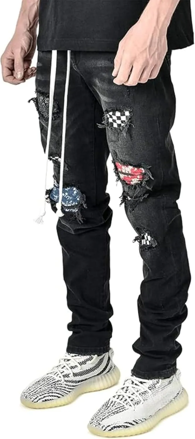 Men's Ripped Jeans Black Skinny Distressed Moto Biker Jeans Gothic Zipper Denim Pants Tapered Leg Slim Fit Jean