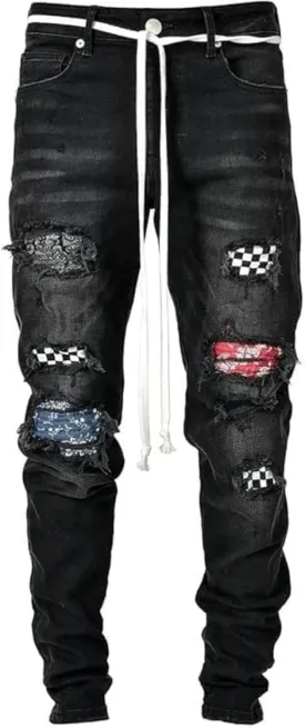 Men's Ripped Jeans Black Skinny Distressed Moto Biker Jeans Gothic Zipper Denim Pants Tapered Leg Slim Fit Jean