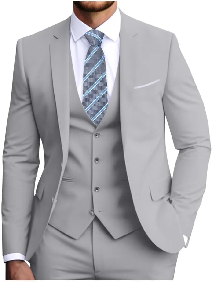 Men's Slim Fit 3-Piece Suit Set, Formal Wedding Tuxedo in Black, Navy Blue