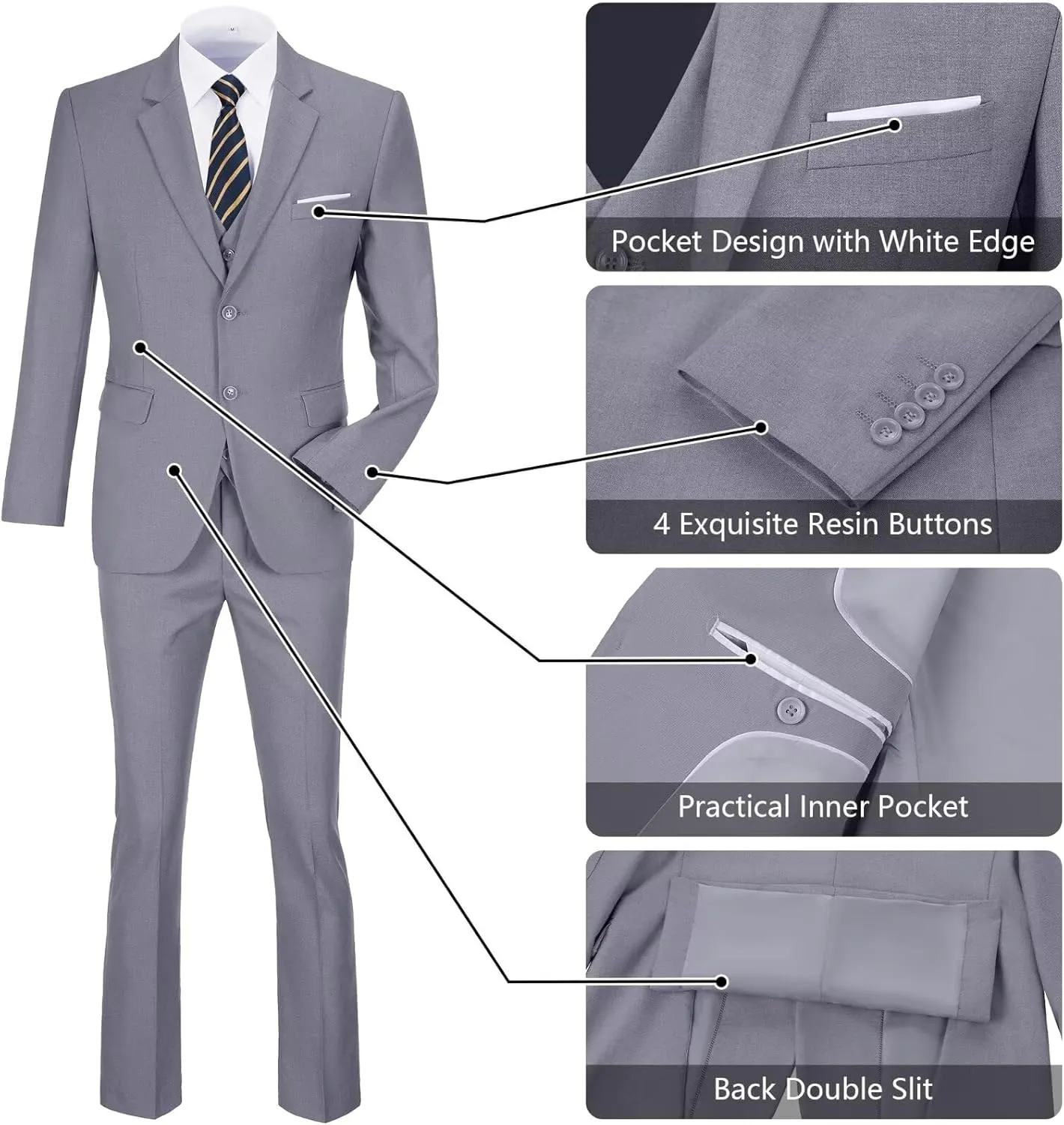Men's Slim Fit 3-Piece Suit Set, Formal Wedding Tuxedo in Black, Navy Blue
