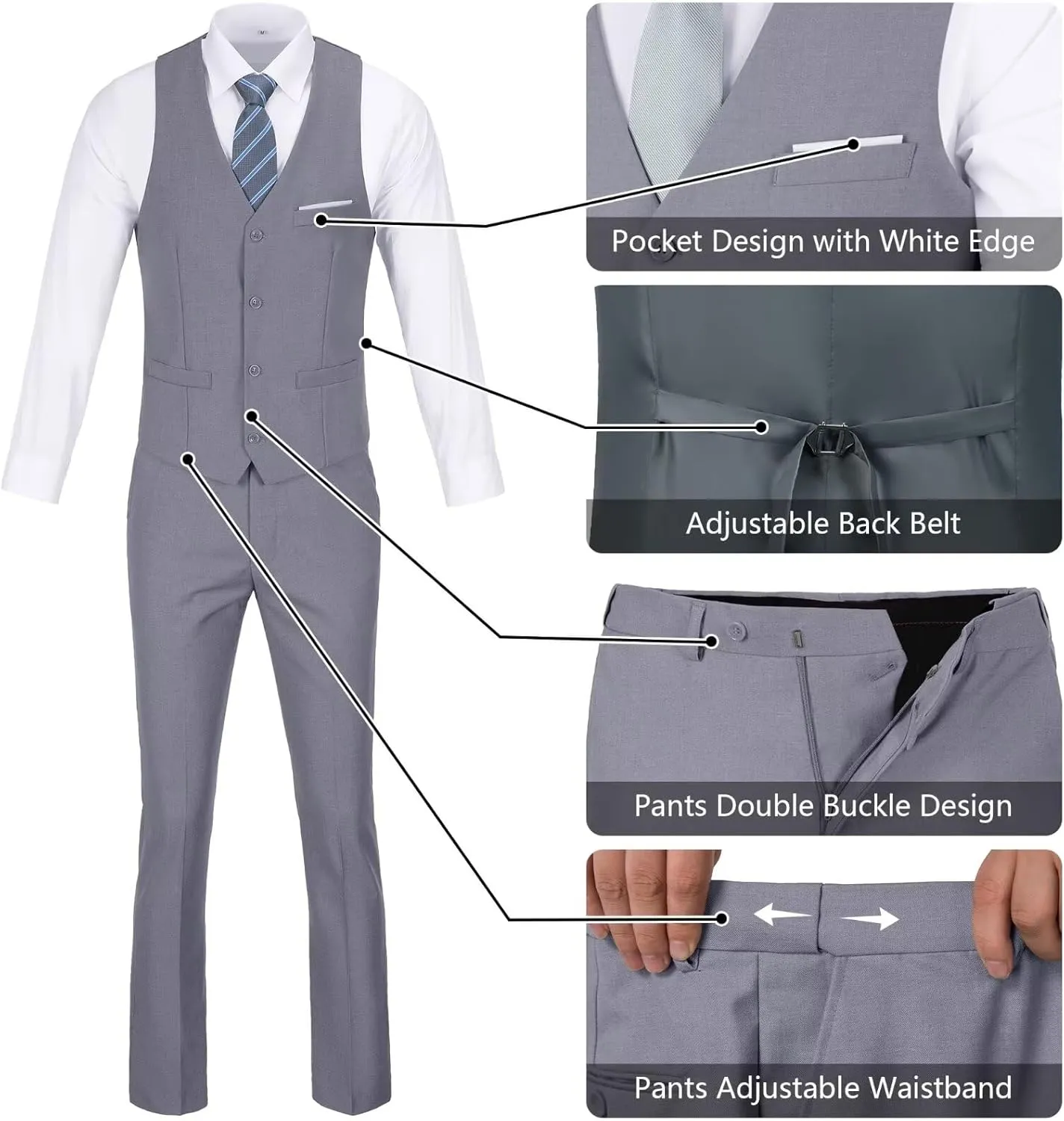 Men's Slim Fit 3-Piece Suit Set, Formal Wedding Tuxedo in Black, Navy Blue