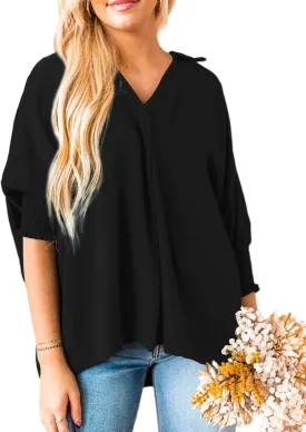 Merryfun Women's Summer V Neck Shirts 3/4 Sleeve Oversized Dressy Blouses Loose Collared Shirt Casual Solid Tunic Tops