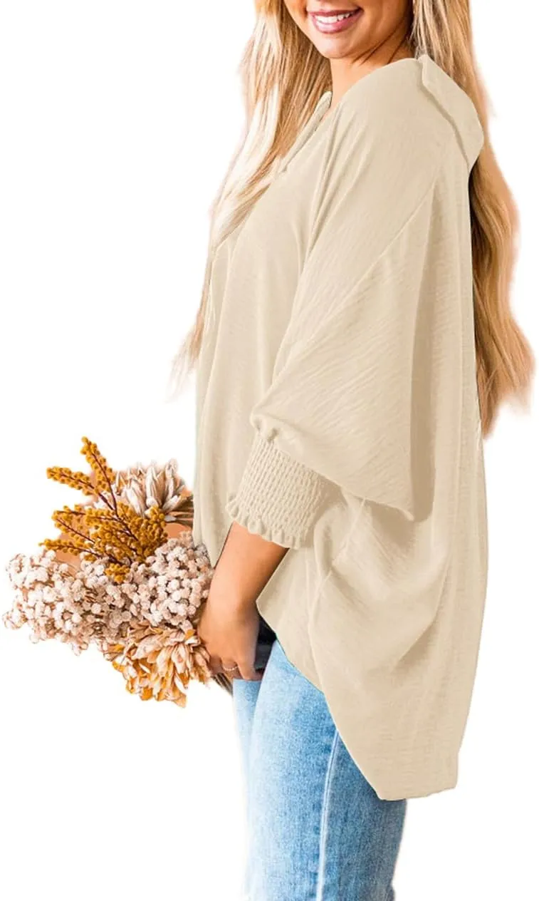Merryfun Women's Summer V Neck Shirts 3/4 Sleeve Oversized Dressy Blouses Loose Collared Shirt Casual Solid Tunic Tops