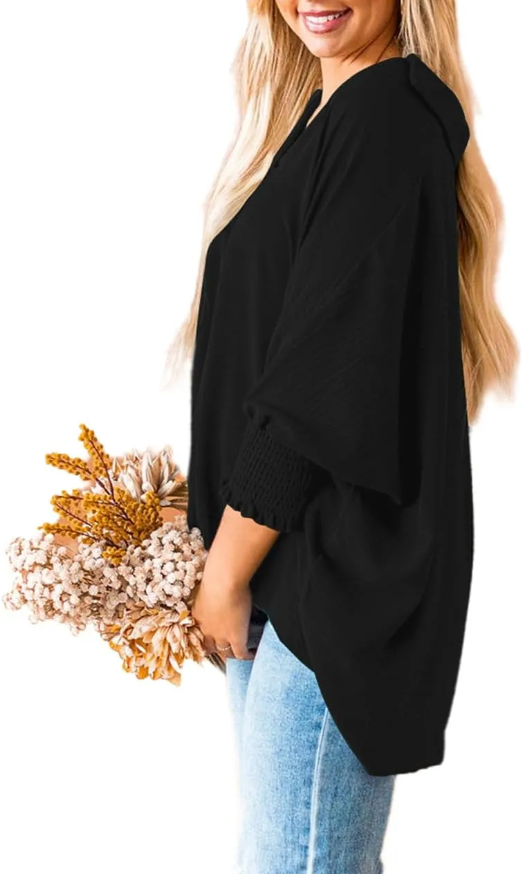 Merryfun Women's Summer V Neck Shirts 3/4 Sleeve Oversized Dressy Blouses Loose Collared Shirt Casual Solid Tunic Tops