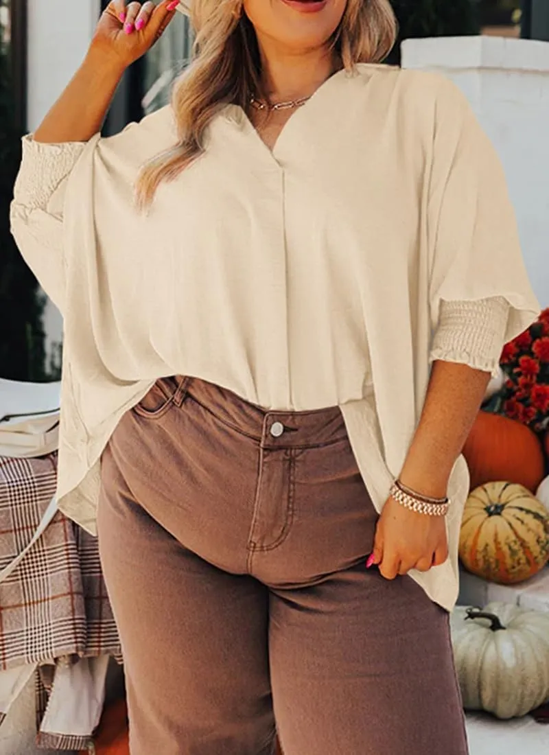 Merryfun Women's Summer V Neck Shirts 3/4 Sleeve Oversized Dressy Blouses Loose Collared Shirt Casual Solid Tunic Tops