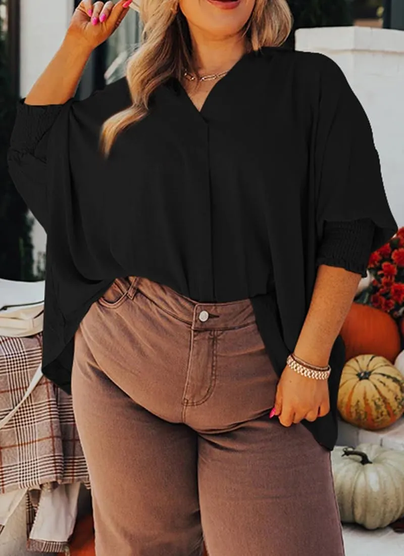 Merryfun Women's Summer V Neck Shirts 3/4 Sleeve Oversized Dressy Blouses Loose Collared Shirt Casual Solid Tunic Tops