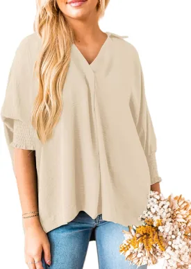 Merryfun Women's Summer V Neck Shirts 3/4 Sleeve Oversized Dressy Blouses Loose Collared Shirt Casual Solid Tunic Tops