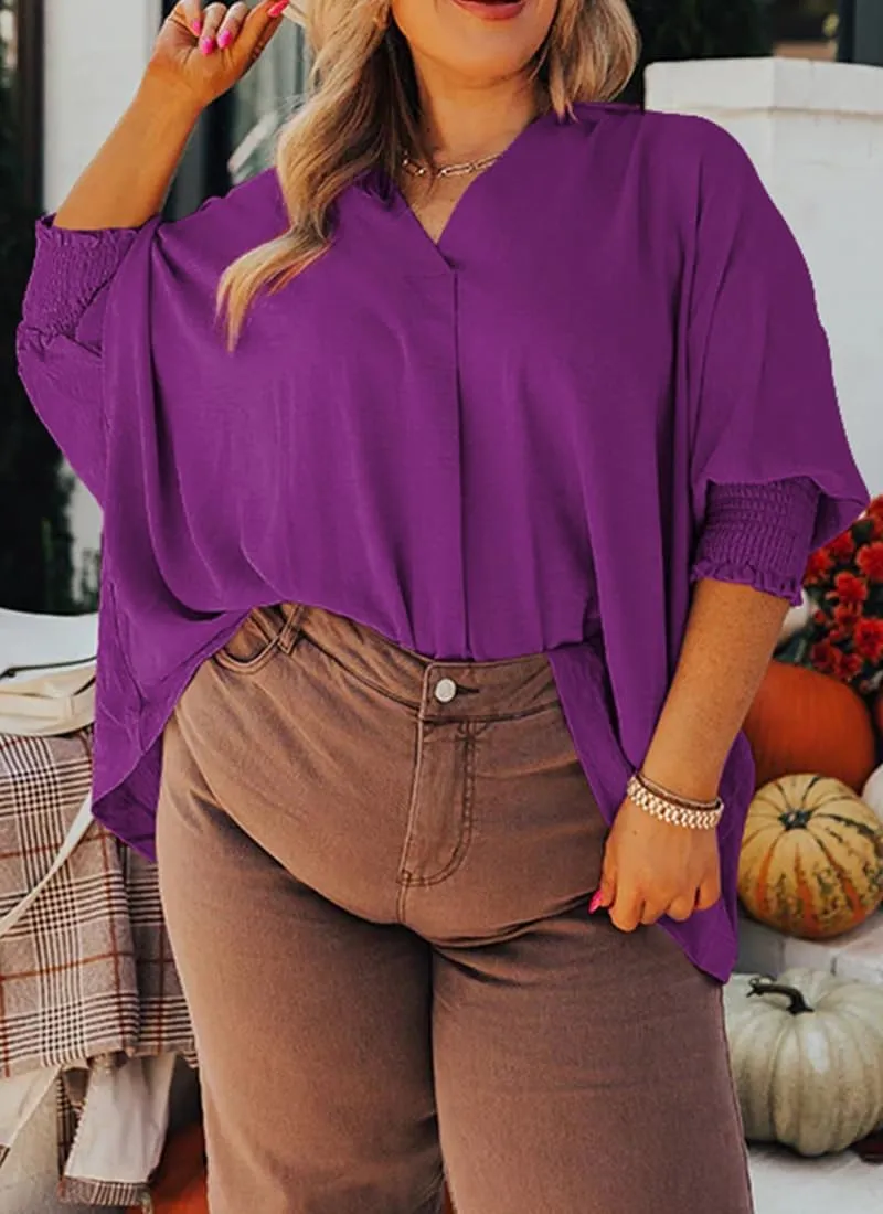 Merryfun Women's Summer V Neck Shirts 3/4 Sleeve Oversized Dressy Blouses Loose Collared Shirt Casual Solid Tunic Tops