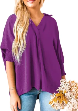 Merryfun Women's Summer V Neck Shirts 3/4 Sleeve Oversized Dressy Blouses Loose Collared Shirt Casual Solid Tunic Tops