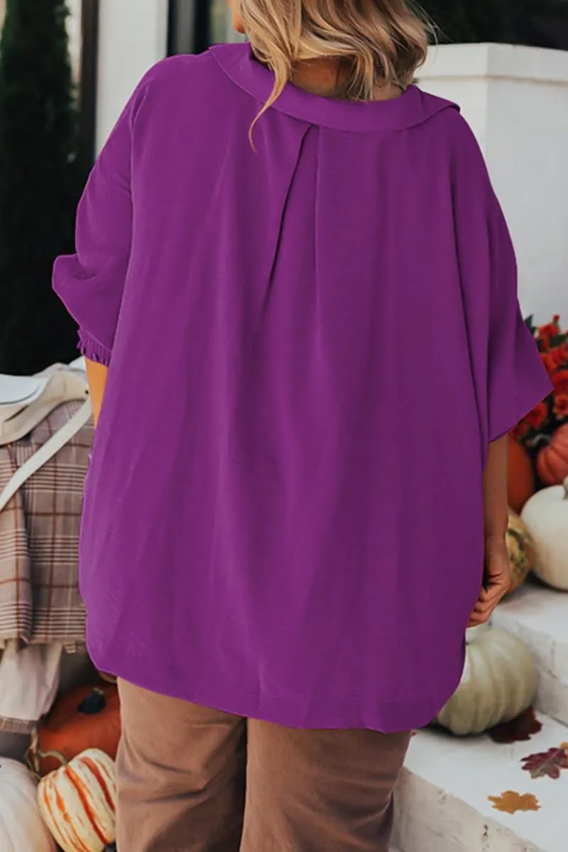 Merryfun Women's Summer V Neck Shirts 3/4 Sleeve Oversized Dressy Blouses Loose Collared Shirt Casual Solid Tunic Tops