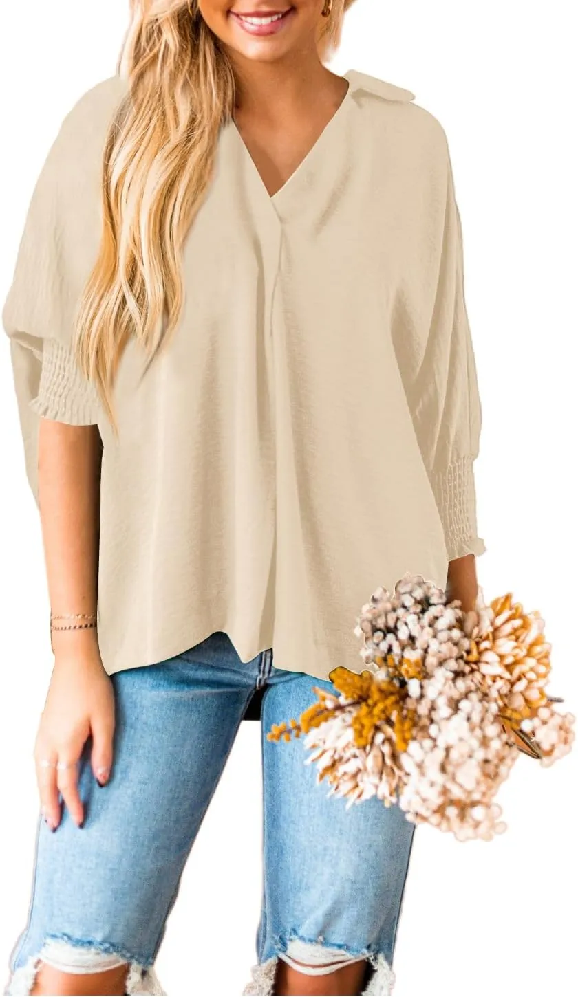 Merryfun Women's Summer V Neck Shirts 3/4 Sleeve Oversized Dressy Blouses Loose Collared Shirt Casual Solid Tunic Tops