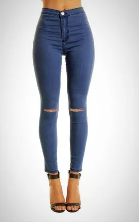 Mid Blue High Waisted Ripped Knee Skinny Jeans Jeggings