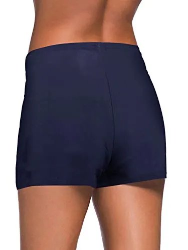 Mid Waist Tummy Control Swim Shorts For Women-Navy Blue