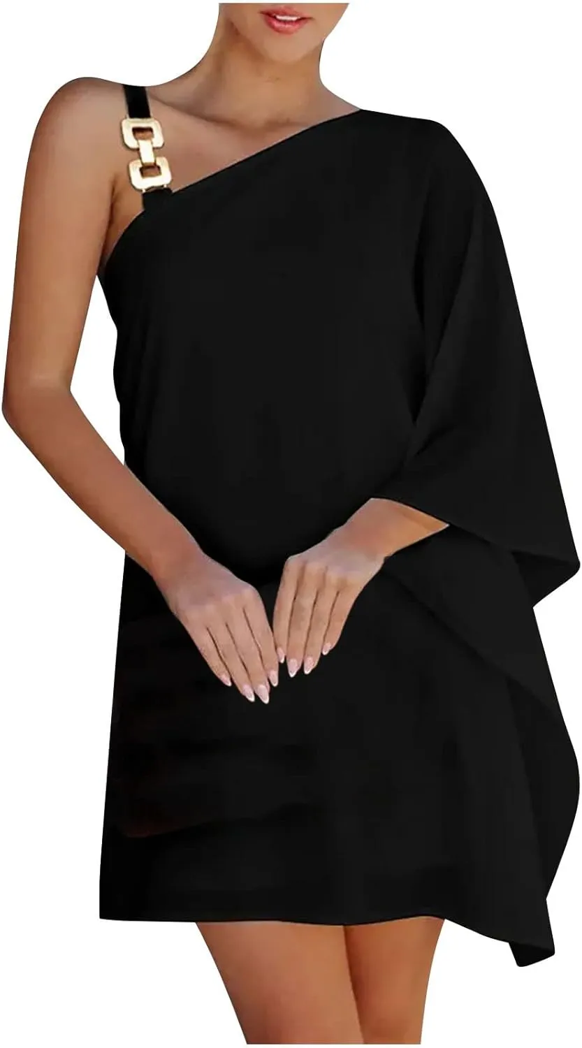 NaRHbrg 2025 Women One Shoulder Casual Summer Dresses Casual Batwing Sleeve One Shoulder Dress Club Party Cocktail Sundress