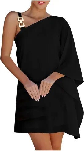 NaRHbrg 2025 Women One Shoulder Casual Summer Dresses Casual Batwing Sleeve One Shoulder Dress Club Party Cocktail Sundress
