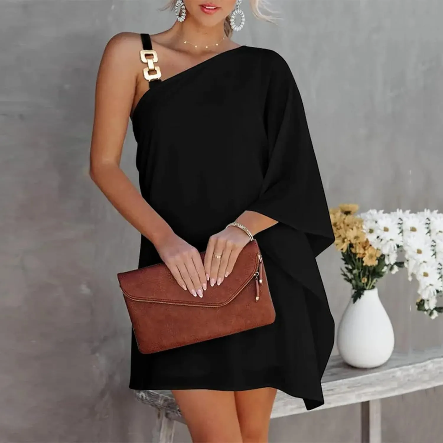 NaRHbrg 2025 Women One Shoulder Casual Summer Dresses Casual Batwing Sleeve One Shoulder Dress Club Party Cocktail Sundress