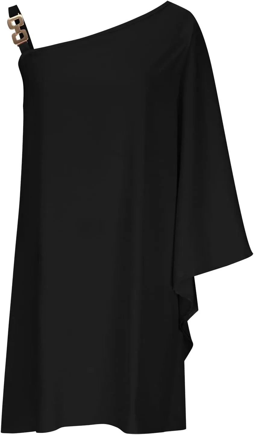 NaRHbrg 2025 Women One Shoulder Casual Summer Dresses Casual Batwing Sleeve One Shoulder Dress Club Party Cocktail Sundress