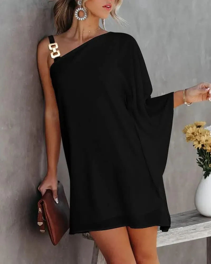 NaRHbrg 2025 Women One Shoulder Casual Summer Dresses Casual Batwing Sleeve One Shoulder Dress Club Party Cocktail Sundress