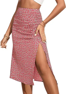 OYOANGLE Women's Boho Floral Print High Waisted A Line Split Thigh Summer Midi Skirt