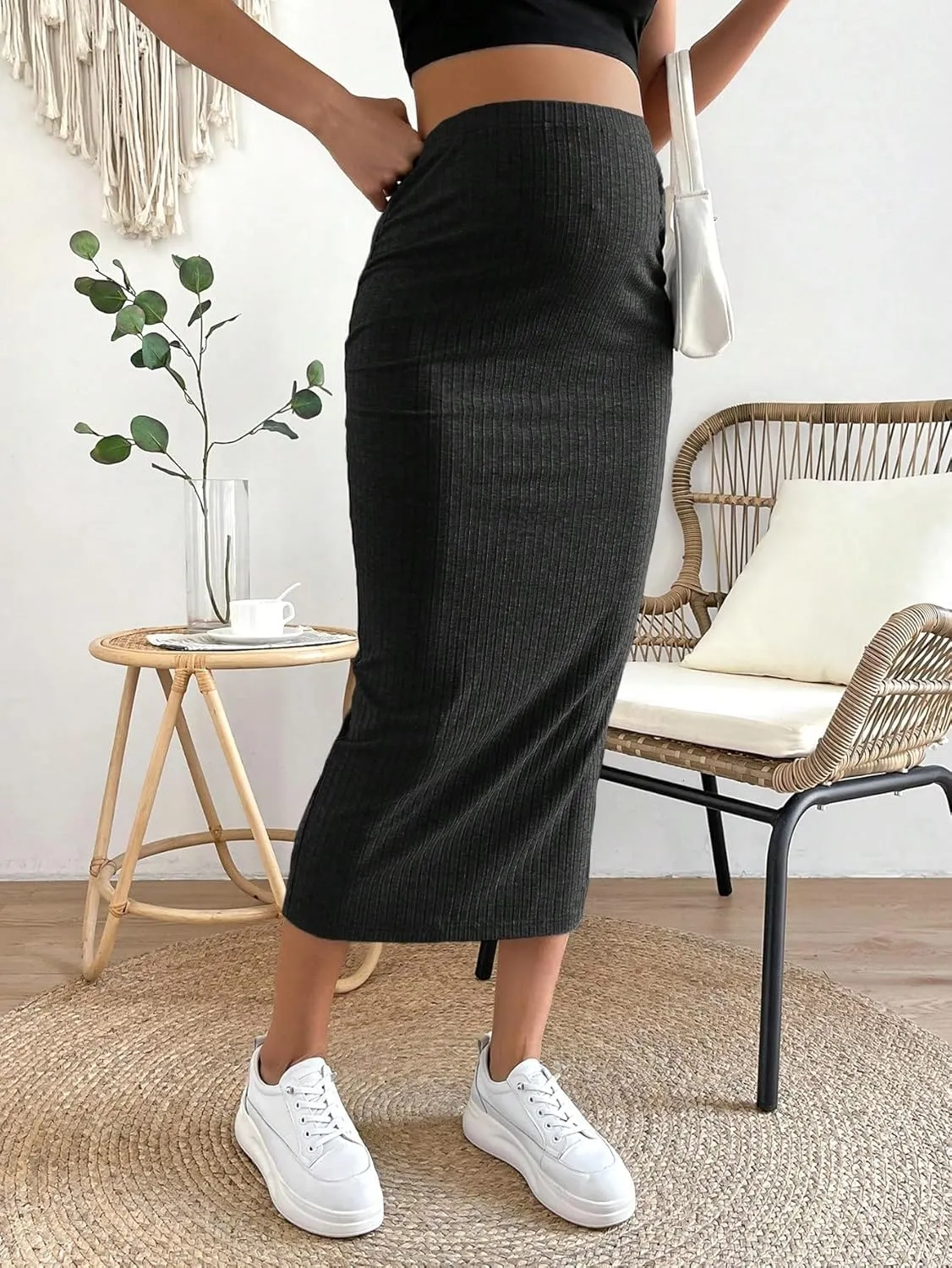 OYOANGLE Women's Maternity Adjustable High Waist Ribbed Knit Split Hem Midi Pencil Skirt