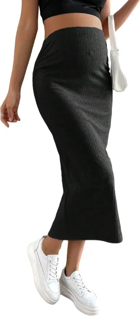 OYOANGLE Women's Maternity Adjustable High Waist Ribbed Knit Split Hem Midi Pencil Skirt