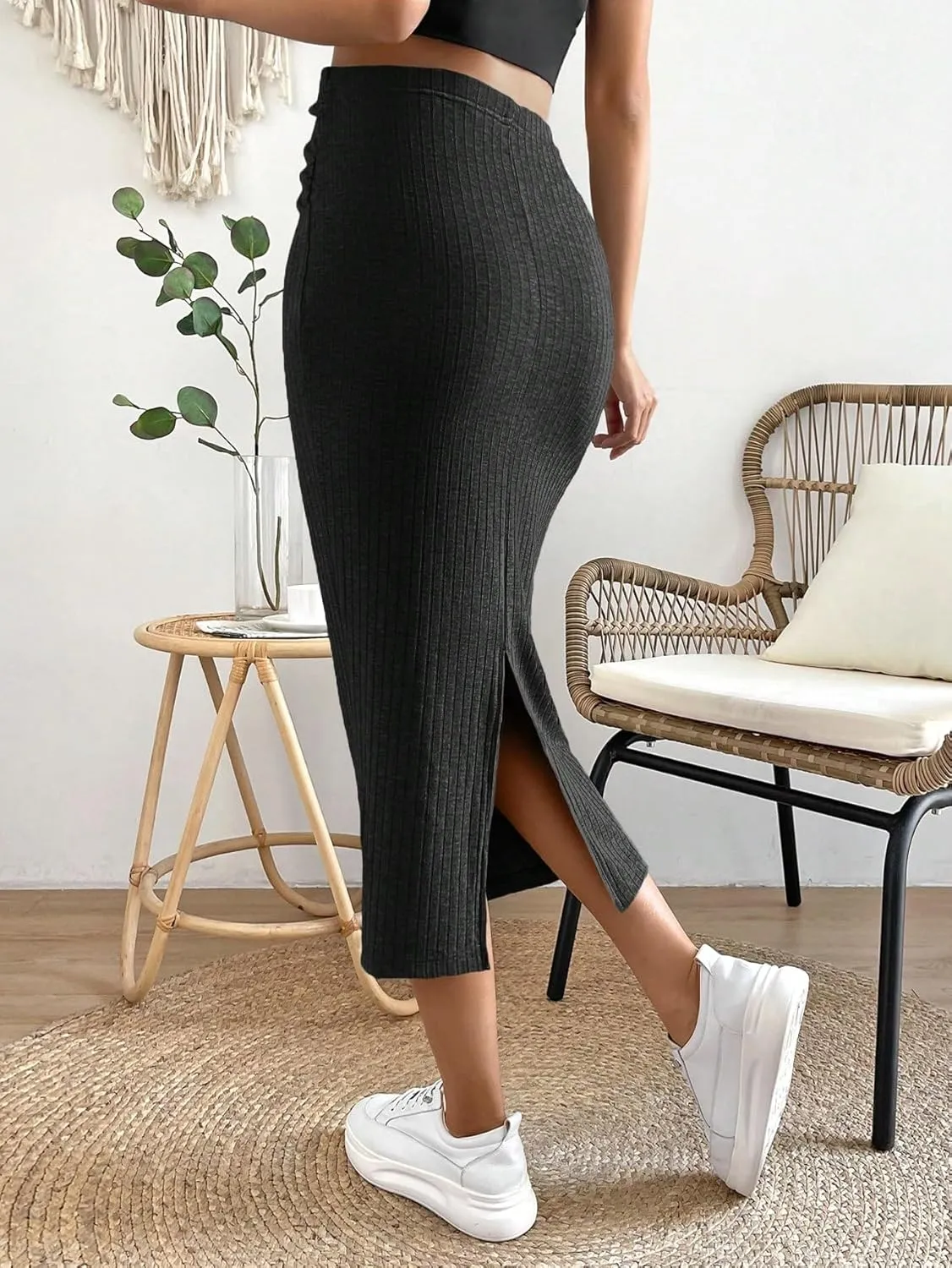 OYOANGLE Women's Maternity Adjustable High Waist Ribbed Knit Split Hem Midi Pencil Skirt