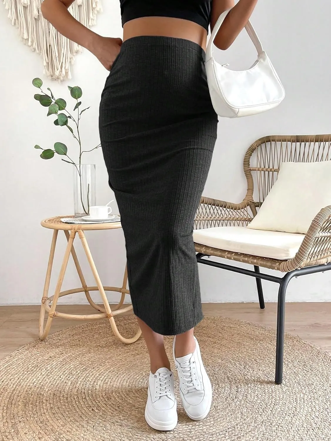 OYOANGLE Women's Maternity Adjustable High Waist Ribbed Knit Split Hem Midi Pencil Skirt