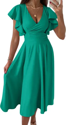 PRETTYGARDEN Summer Midi Dress 2025 Elegant Classy Ruffle Sleeve V Neck Cocktail Wedding Guest Spring Fit and Flared Dresses