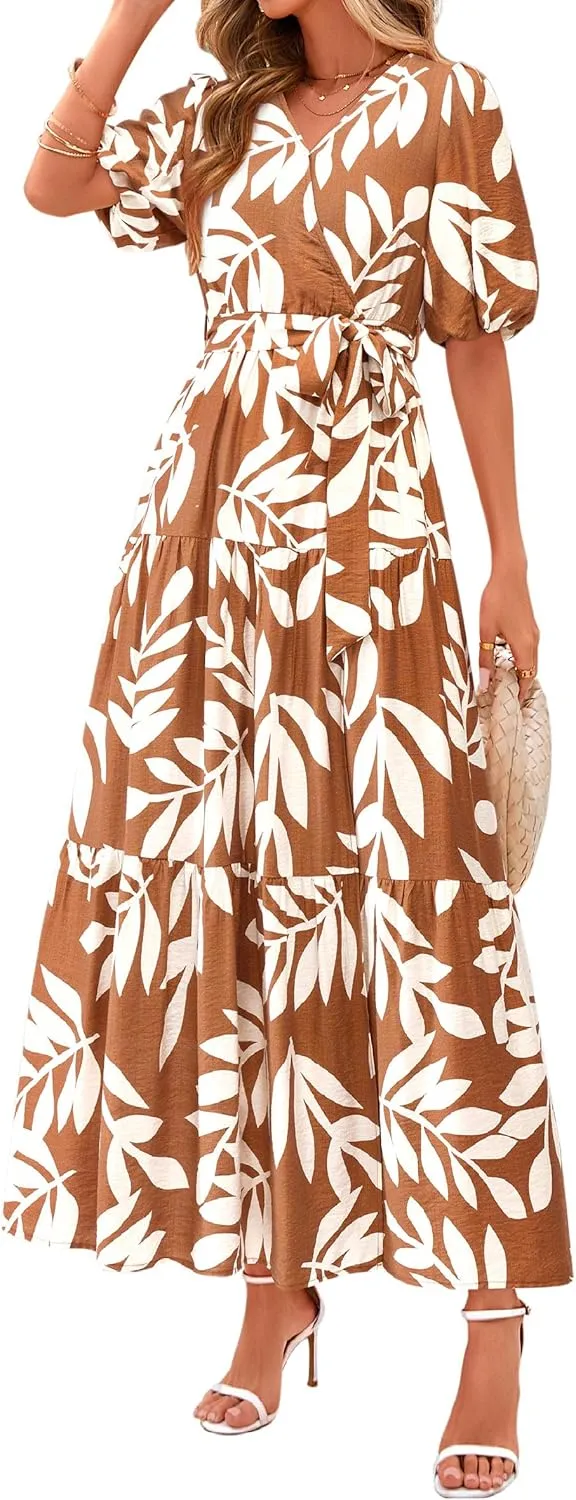 PRETTYGARDEN Women's Summer Maxi Dress 2025 Resort Wear Boho Floral V Neck Puff Short Sleeve Ruffle Flowy Beach Long Dresses