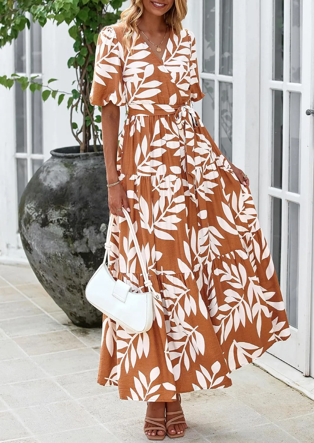 PRETTYGARDEN Women's Summer Maxi Dress 2025 Resort Wear Boho Floral V Neck Puff Short Sleeve Ruffle Flowy Beach Long Dresses
