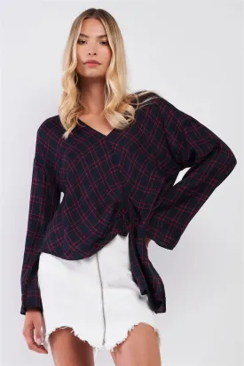 Red Navy Checkered V-Neck Long Bell Sleeve Asymmetrical Top
